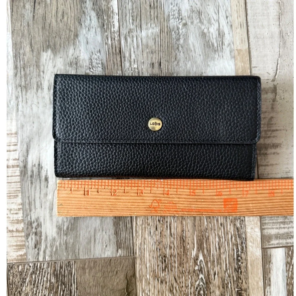 LODIS Womens Minimalist Continental Wallet Genuine Leather OS Black Trifold Gold